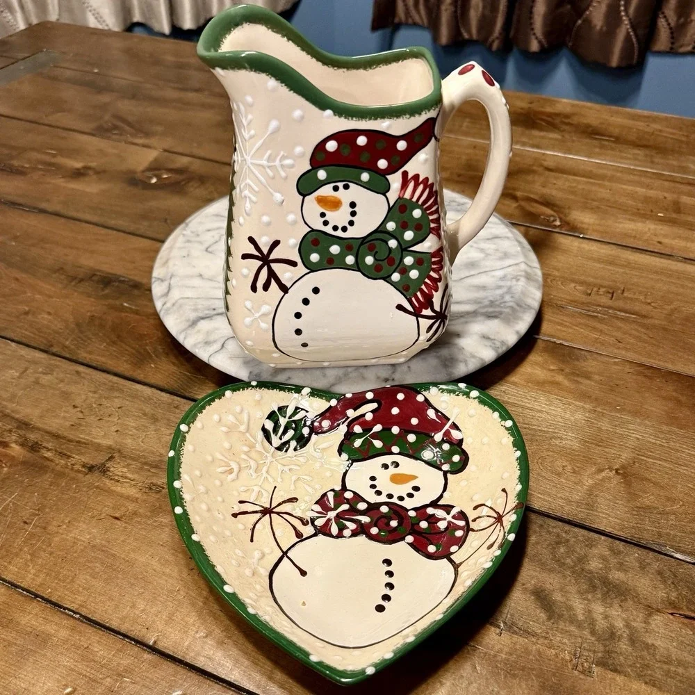 VTG 2000 Y2K Expressly Yours Snowman Christmas Holiday Pitcher &‎ Heart Plate